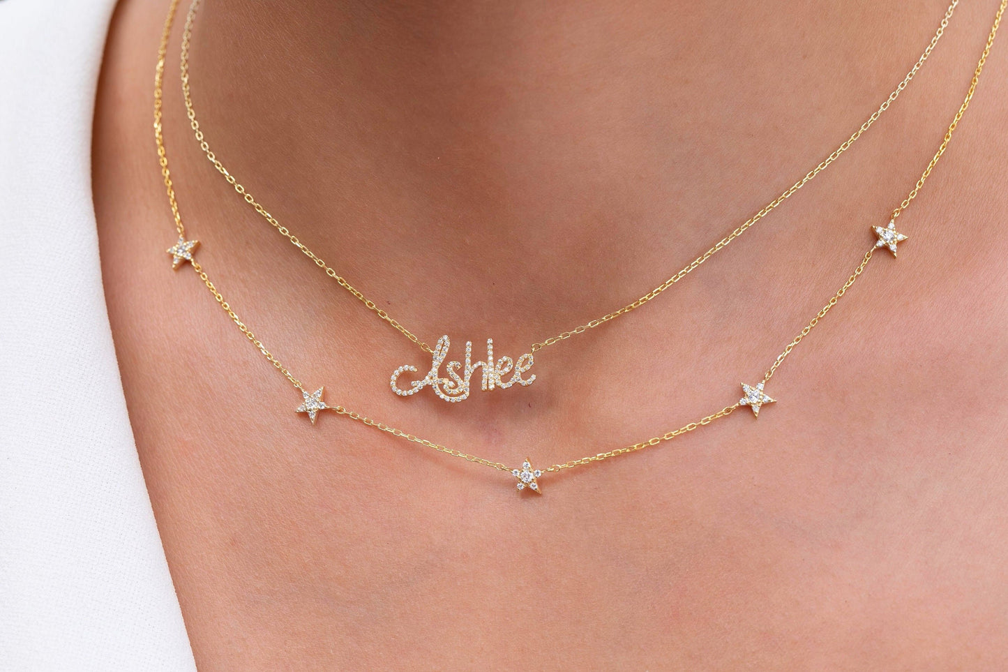 Diamond Star Station Necklace / 14k Gold Star Station Necklace / Dainty Charm Necklace / Minimalistic Station Necklace