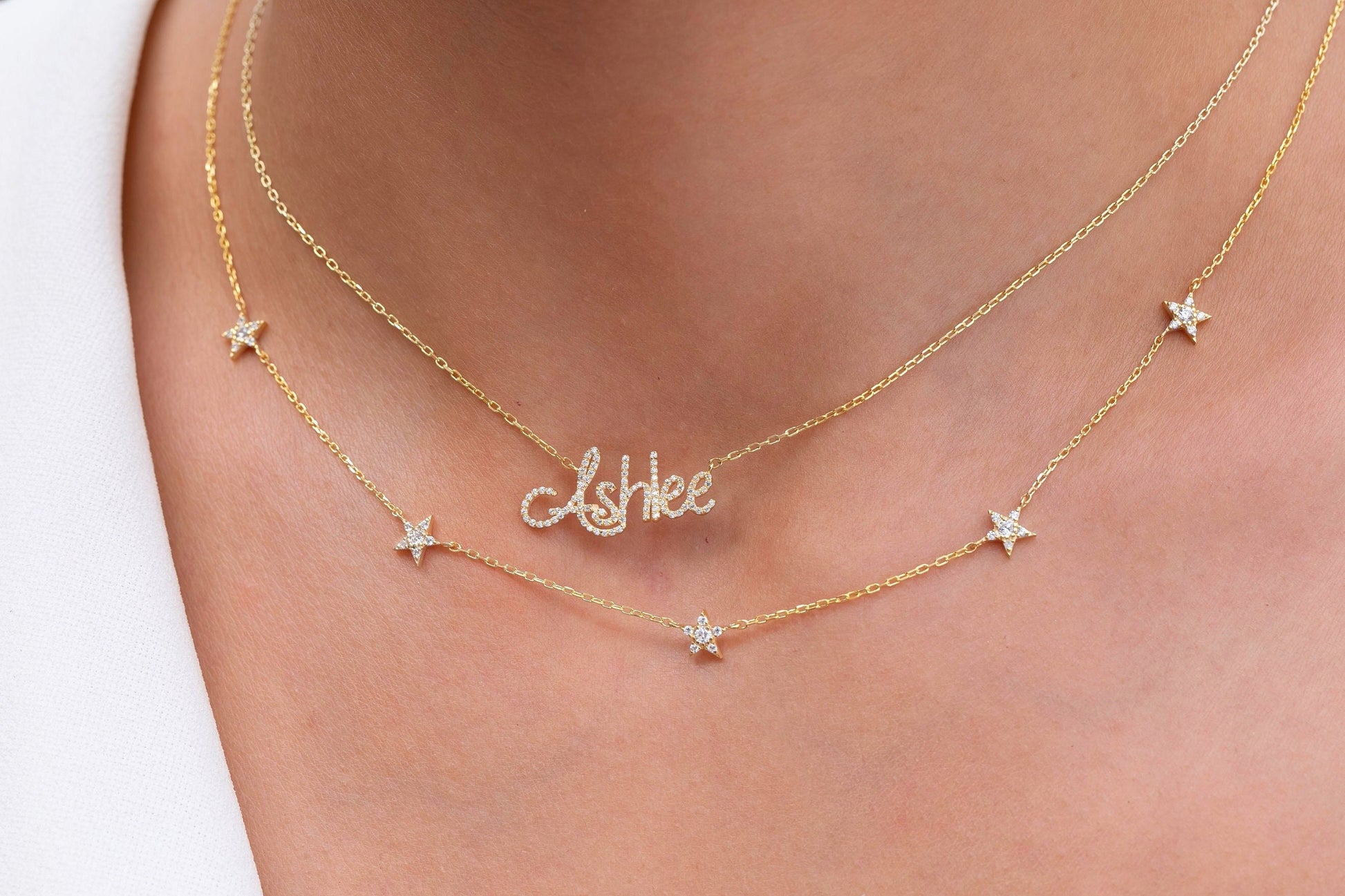 Diamond Star Station Necklace / 14k Gold Star Station Necklace / Dainty Charm Necklace / Minimalistic Station Necklace
