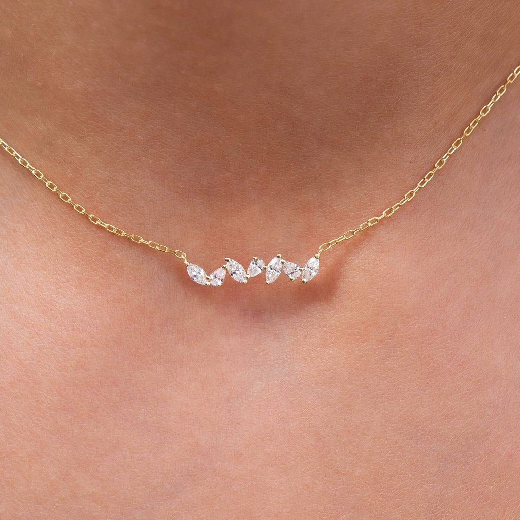 Diamond Bar Necklace / 14k Gold Alternating Marquise and Pear Shape Diamond Bar Necklace / Dainty Diamond Necklace