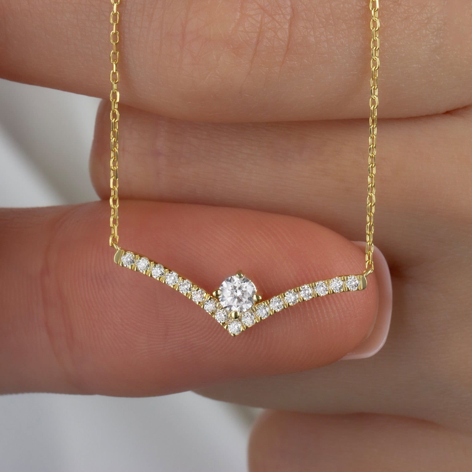 Solitaire Diamond Chevron Necklace / 14k Curved Bar Necklace / Diamond Statement Necklace / Gift for her / Dainty Diamond Necklace